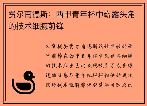 费尔南德斯:西甲青年杯中崭露头角的技术细腻前锋 费尔南德斯:西甲青年杯中崭露头角的技术细腻前锋