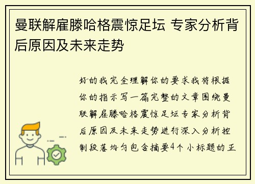 曼联解雇滕哈格震惊足坛 专家分析背后原因及未来走势 曼联解雇滕哈格震惊足坛 专家分析背后原因及未来走势